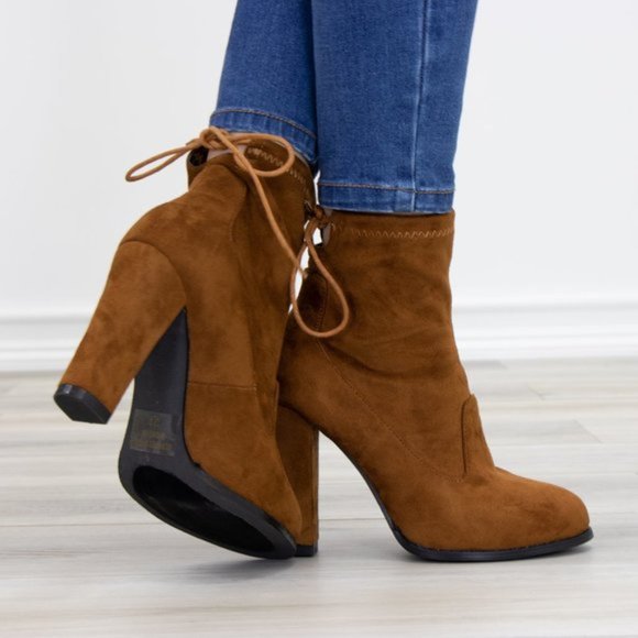 Round Toe Tan Suede Ankle Heeled Boots - Picture 5 of 7